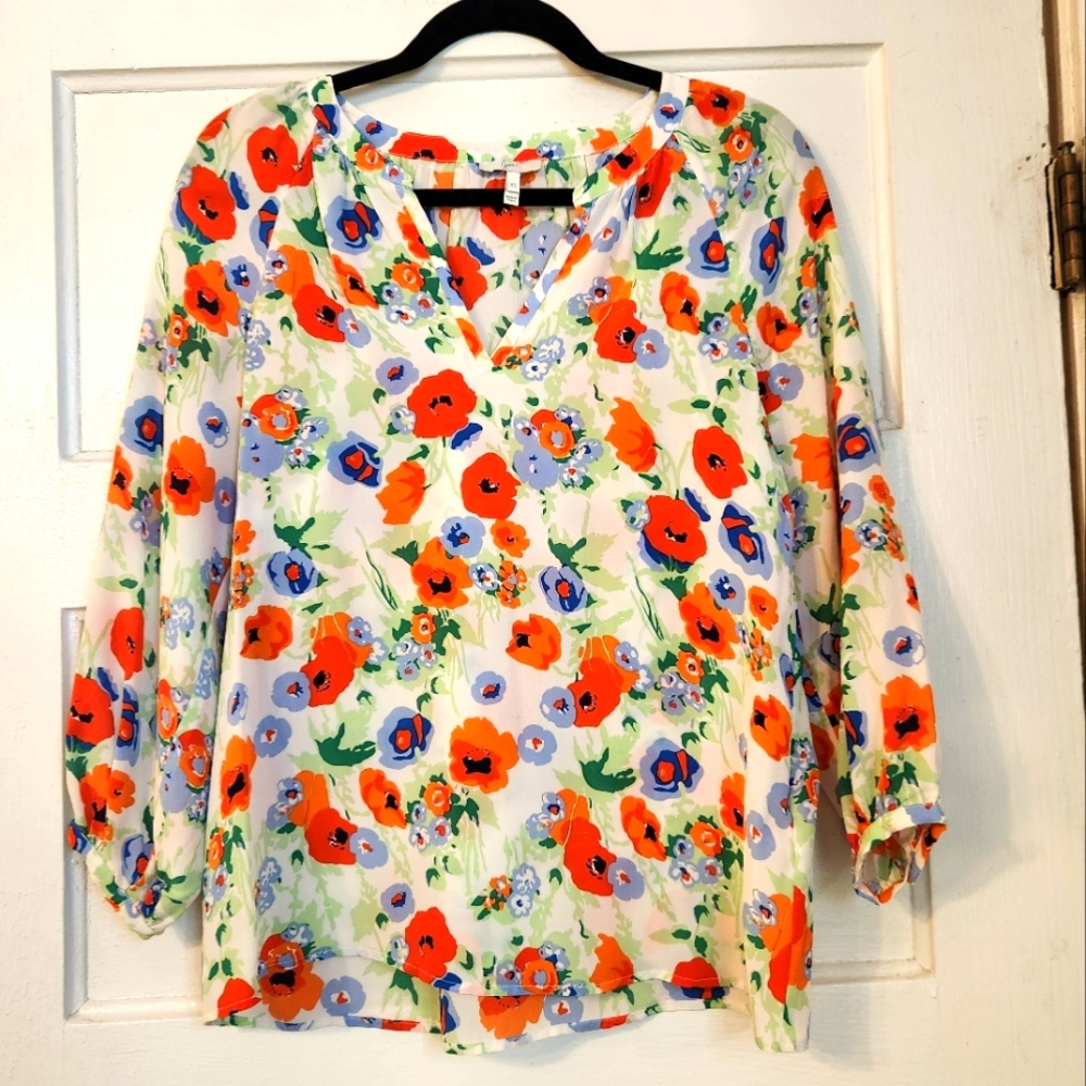 Joie Blouse, "McKenna" Poppy 100% Silk, Floral Size XS, Flowy, Orange White EUC
